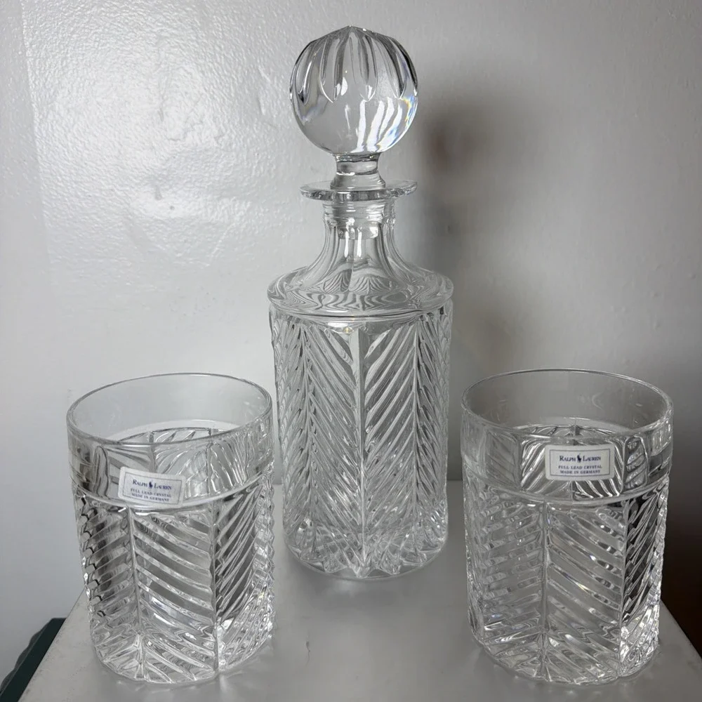 Vintage Ralph Lauren Herringbone Cut Crystal Decanter & 2 High Ball Glasses NEW